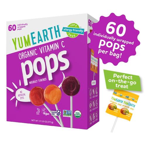 Sucettes Bio à la Vitamine C Yumearth, Saveurs Assorties, 60 Sucettes aux Fruits, Sans Allergènes, Sans Gluten, Sans OGM, Véganes, Sans Arômes ni Colorants Artificiels