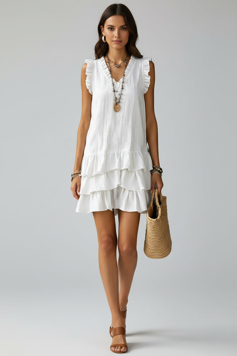 Robe midi sans manches à volants et encolure en V – 4 couleurs, du S au XXL