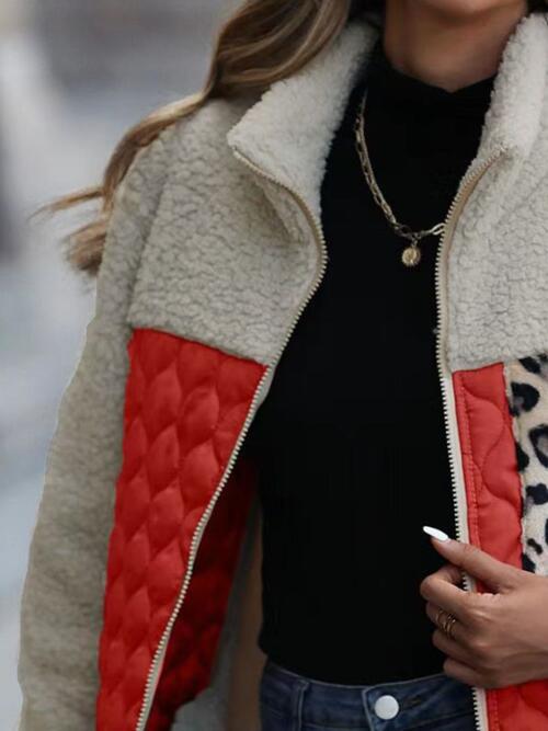 Veste zippée unique à imprimé léopard et blocs de couleur pour l'automne, Veste légère tendance avec poches, Charmante veste d'hiver