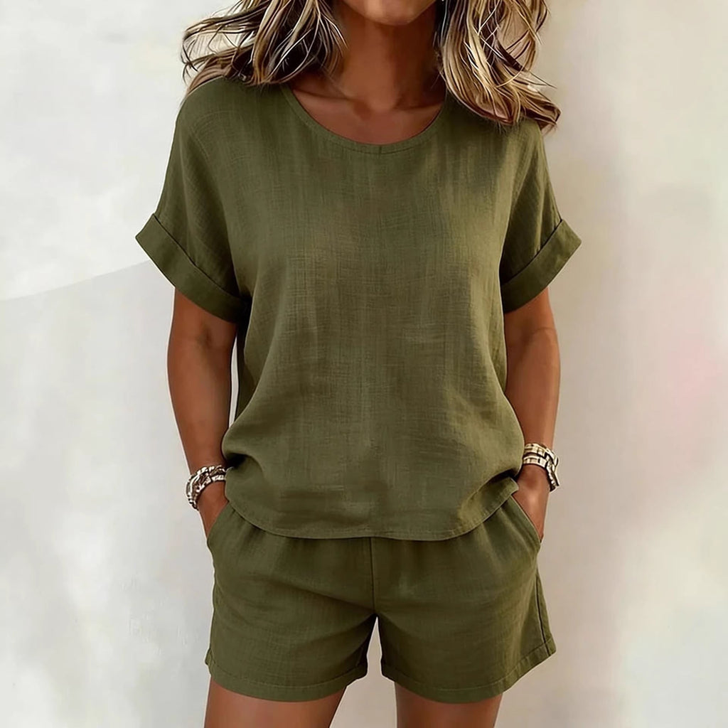 Ensemble T-shirt et short uni – Coton et lin, 10 couleurs