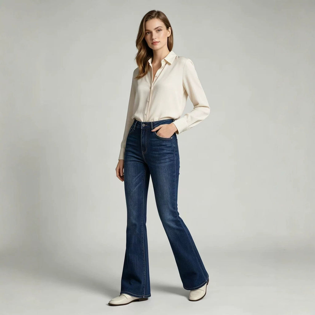 Jeans fuselés taille haute légèrement évasés pour femme – Pantalon en jean pleine longueur