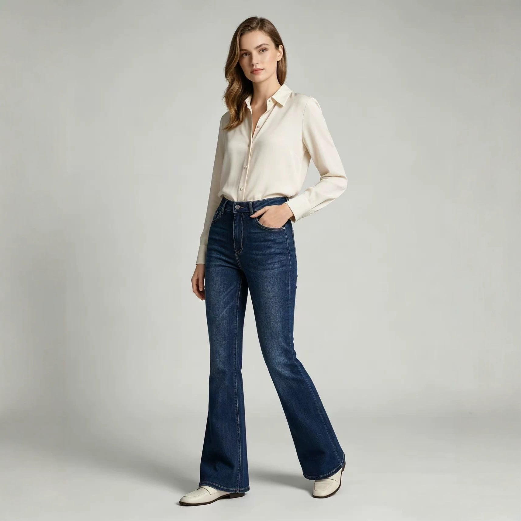 Jeans fuselés taille haute légèrement évasés pour femme – Pantalon en jean pleine longueur