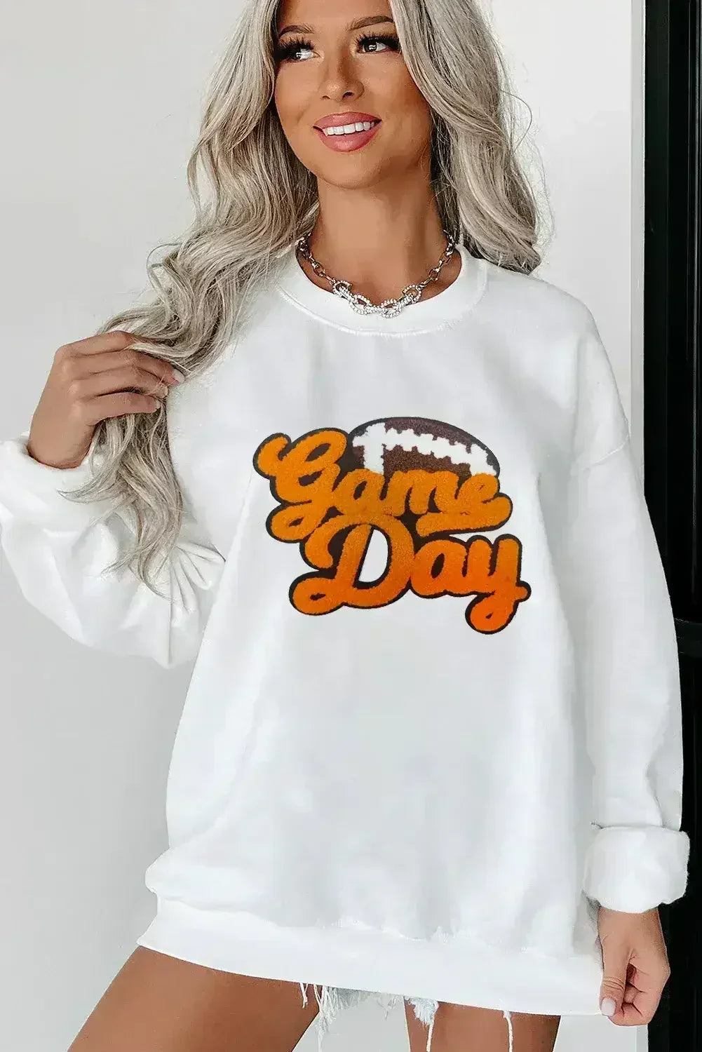 Sweat-shirt pull en chenille blanche à motif rugby et football pour les jours de match