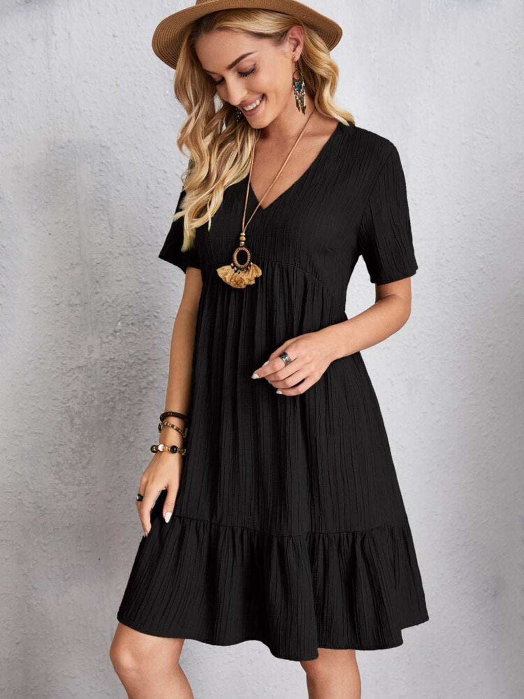 Robe Classique Col V Manches Courtes Décontractée et Confortable pour Femmes