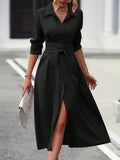 Robe chemise mi-longue élégante noire à col, manches longues, cintrée et boutonnée pour femme