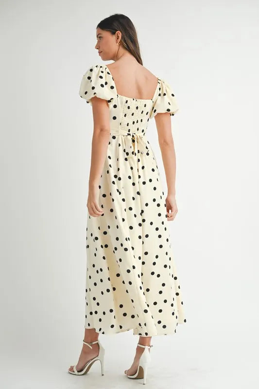 Robe mi-longue à pois et manches bouffantes pour femmes – Robe vintage à pois et volants, Robe féminine à manches bouffantes, Robe mi-longue rétro, Robe chic classique