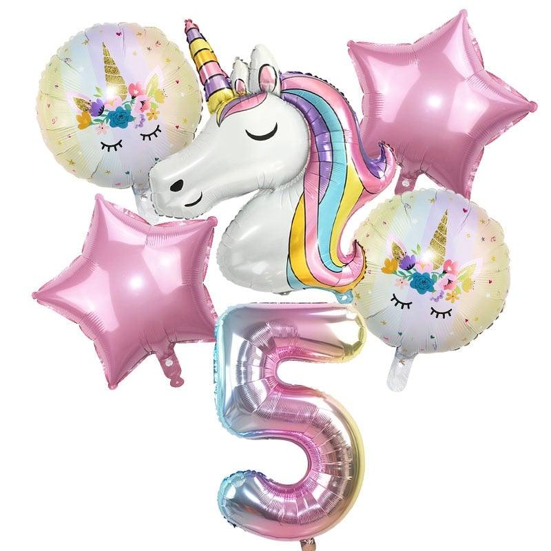 6 ballons licorne arc-en-ciel et ballons chiffre en aluminium de 32 pouces pour décorations de fête d'anniversaire thème licorne pour enfants, fête de bébé, fête de fille