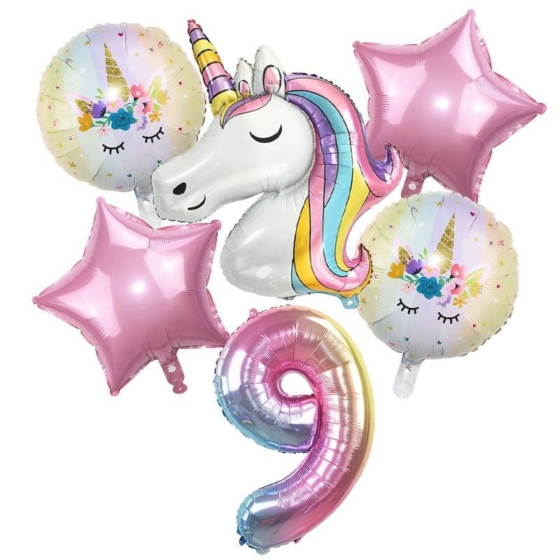 6 ballons licorne arc-en-ciel et ballons chiffre en aluminium de 32 pouces pour décorations de fête d'anniversaire thème licorne pour enfants, fête de bébé, fête de fille