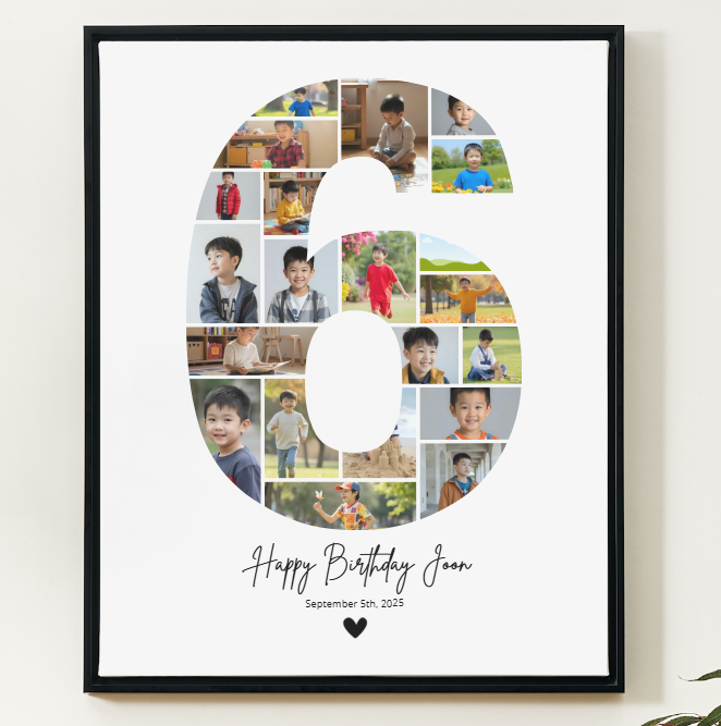 Modèle Canva de collage de photos pour le 6e anniversaire – Affiche personnalisable des étapes importantes