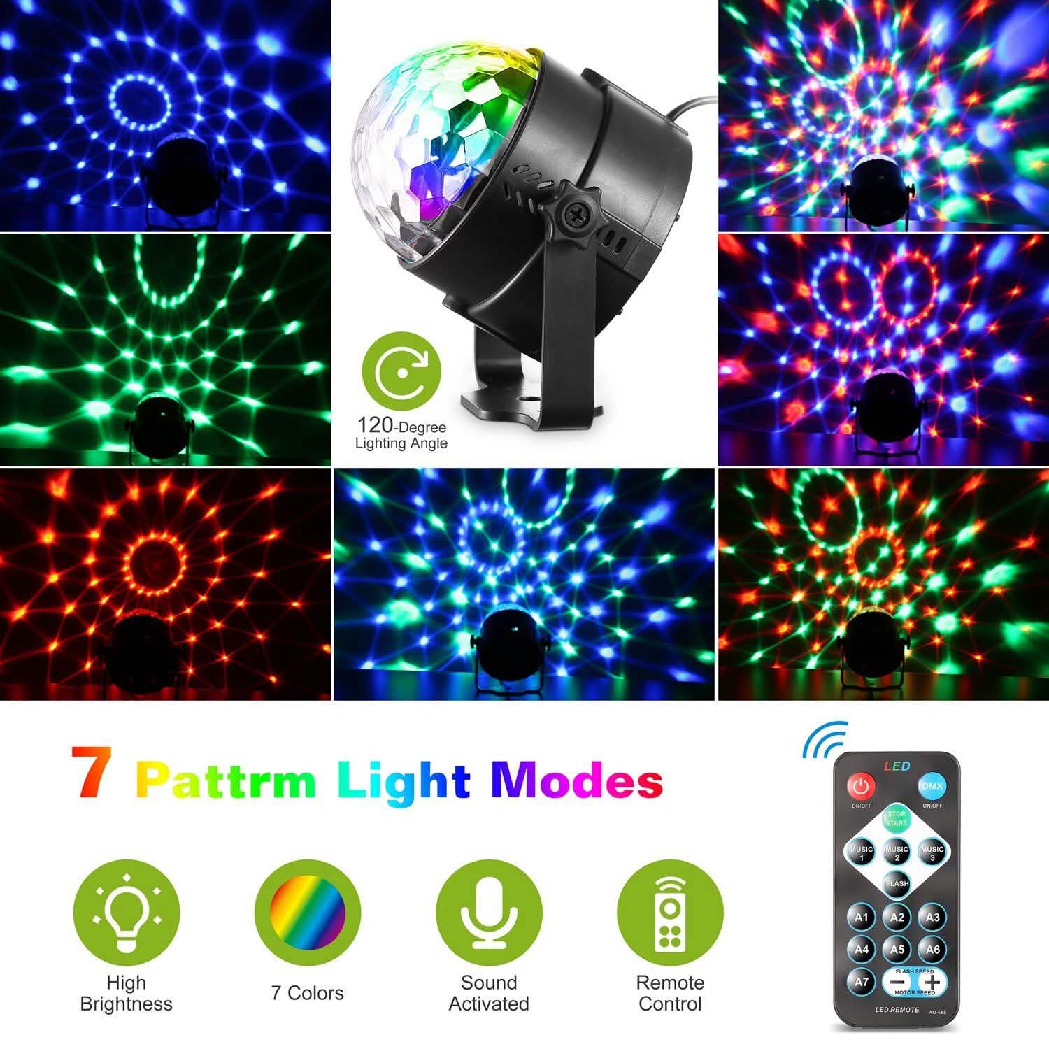 7 couleurs lumières de fête activées par le son avec télécommande