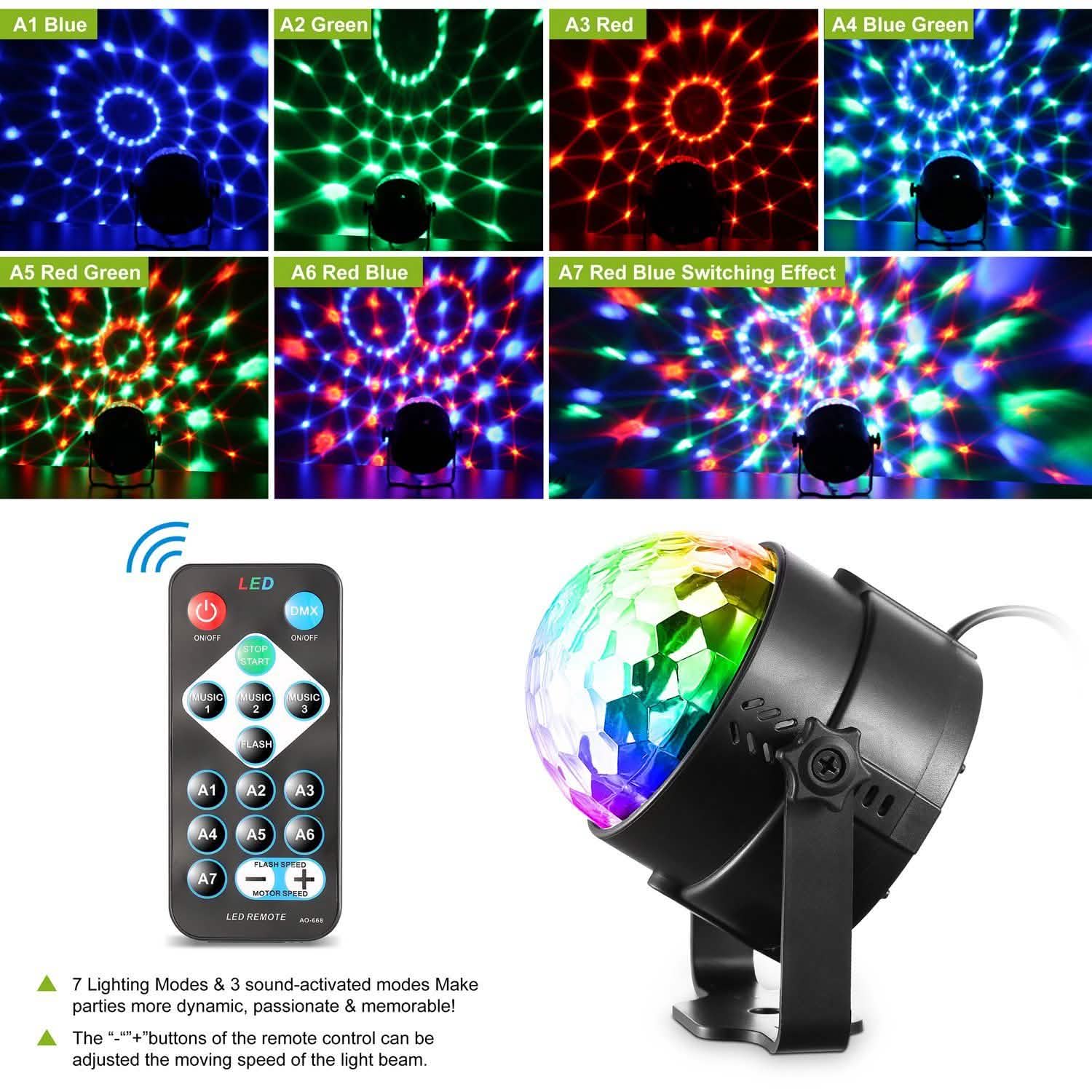 7 couleurs lumières de fête activées par le son avec télécommande