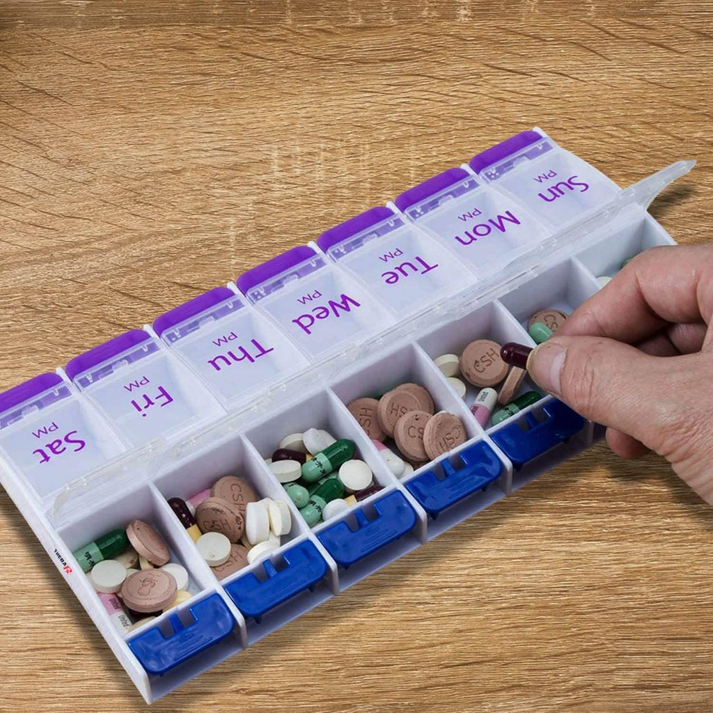 Organisateur de pilules, médicaments et vitamines avec grands compartiments matin/soir et bouton-poussoir 7 jours