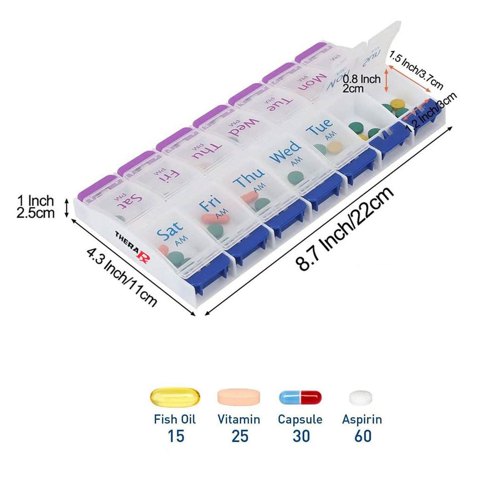Organisateur de pilules, médicaments et vitamines avec grands compartiments matin/soir et bouton-poussoir 7 jours