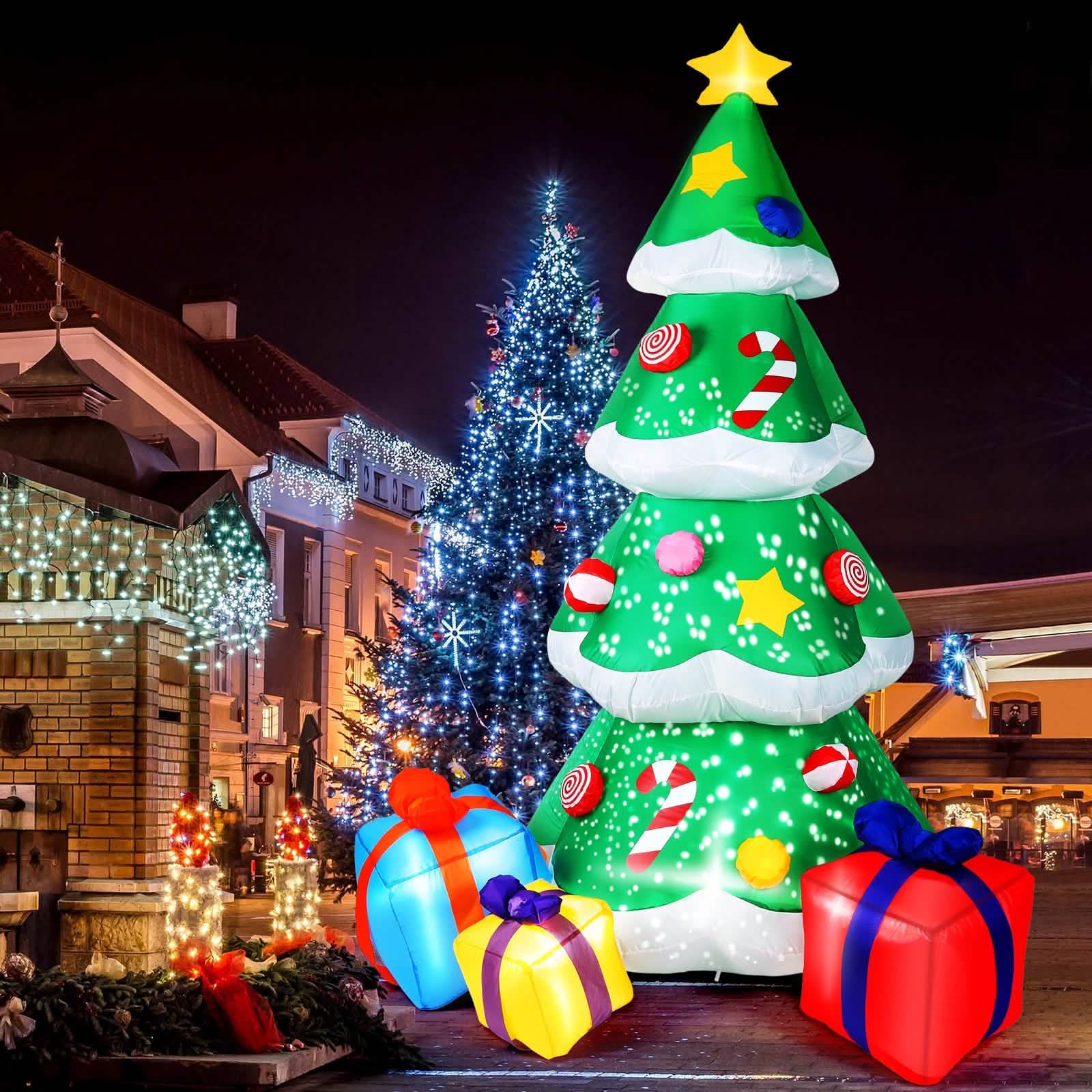 Sapin de Noël gonflable de 2,1 m avec Père Noël et lumières LED