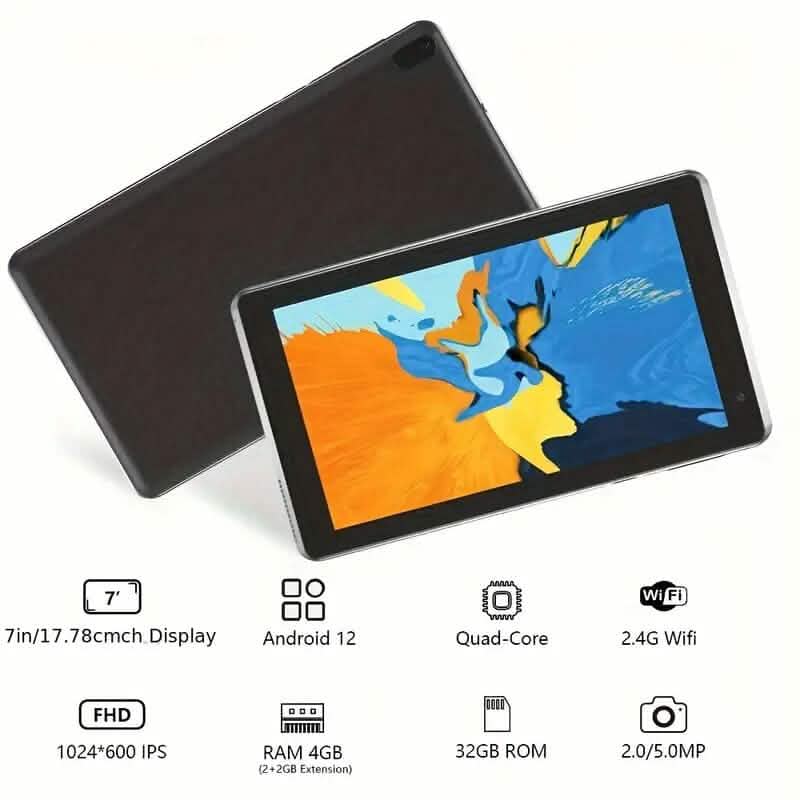 Tablette 7" Android 12.0 avec double appareil photo, 32 Go de RAM et de stockage