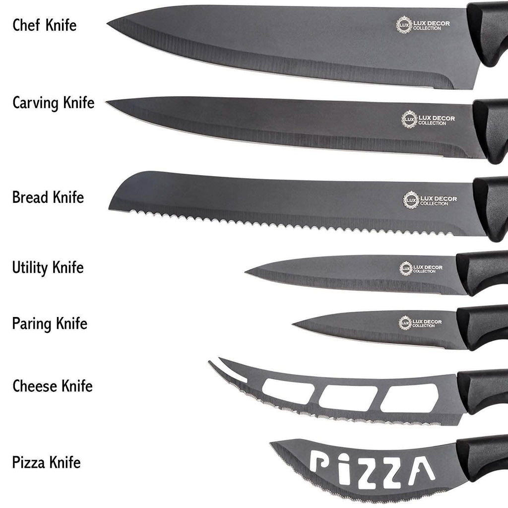 Ensemble de 7 pièces : couteau de chef, couteau à pain, couteau à découper, couteau universel, couteau d'office, couteau à fromage, couteau à pizza