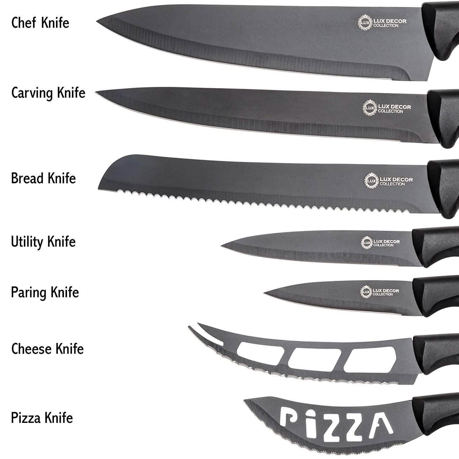 Ensemble de 7 pièces : couteau de chef, couteau à pain, couteau à découper, couteau universel, couteau d'office, couteau à fromage, couteau à pizza
