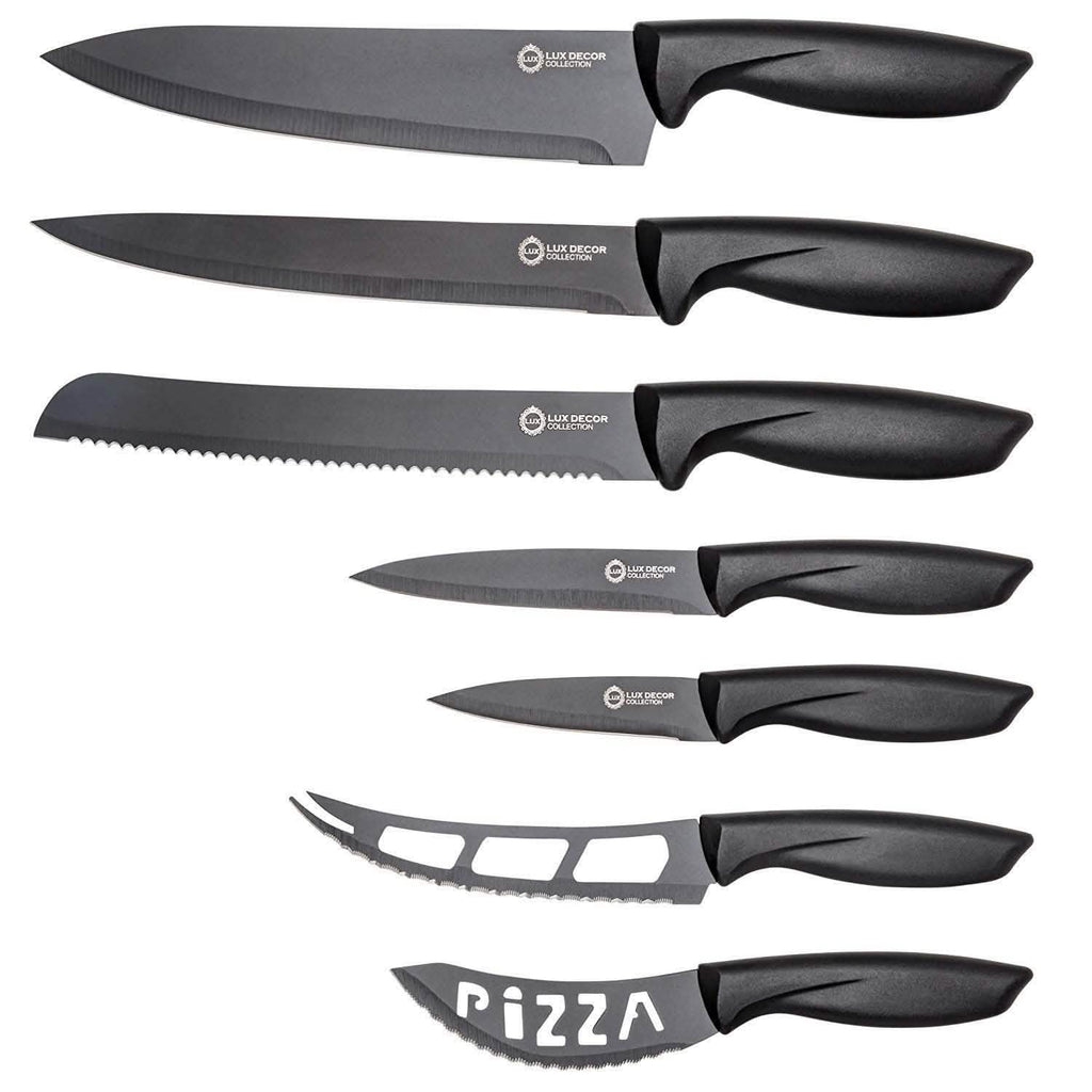 Ensemble de 7 pièces : couteau de chef, couteau à pain, couteau à découper, couteau universel, couteau d'office, couteau à fromage, couteau à pizza