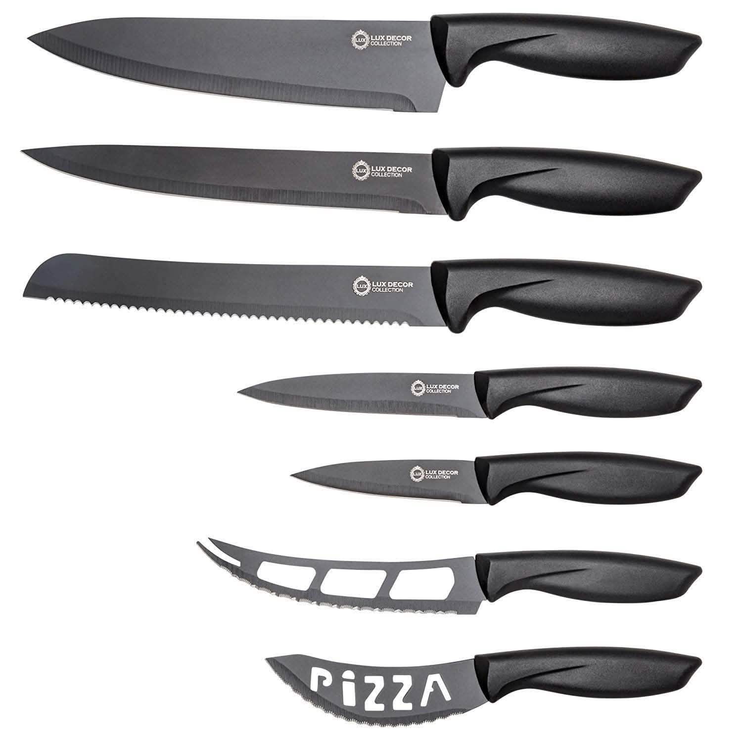 Ensemble de 7 pièces : couteau de chef, couteau à pain, couteau à découper, couteau universel, couteau d'office, couteau à fromage, couteau à pizza