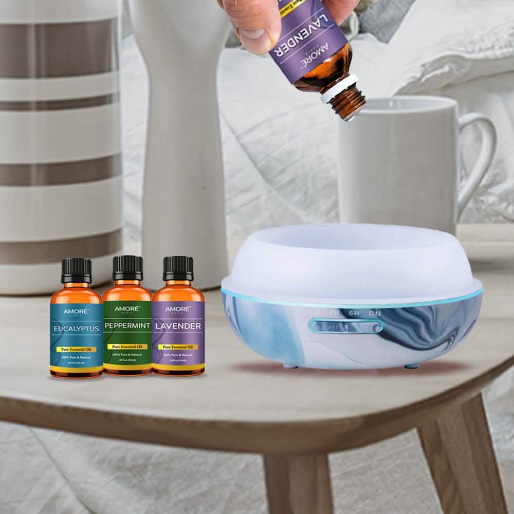 Ensemble de 7 pièces : Diffuseur d'aromathérapie ultrasonique à hydrodipping avec coffret cadeau d'huiles essentielles