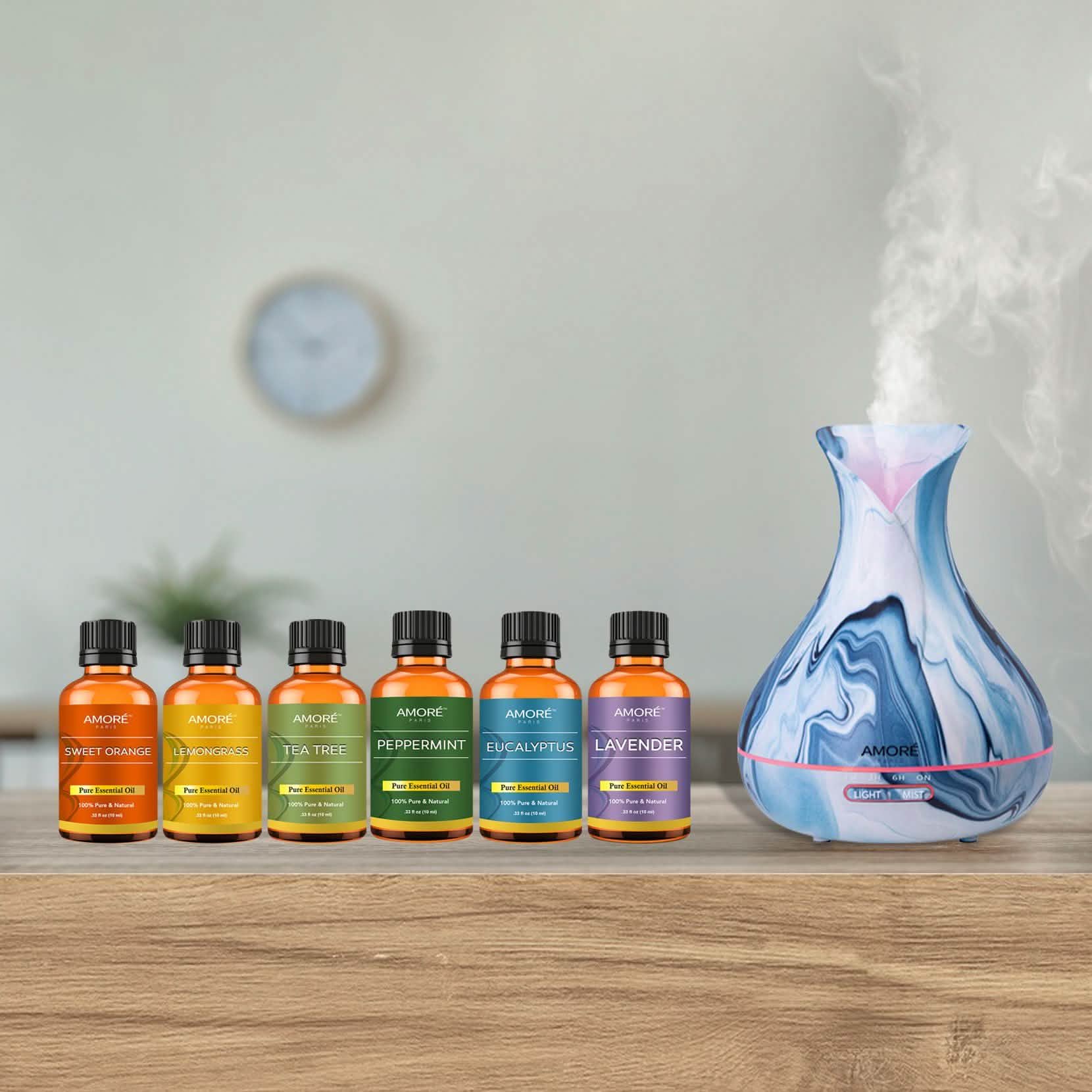 Ensemble de 7 pièces : Diffuseur d'aromathérapie ultrasonique à hydrodipping avec coffret cadeau d'huiles essentielles