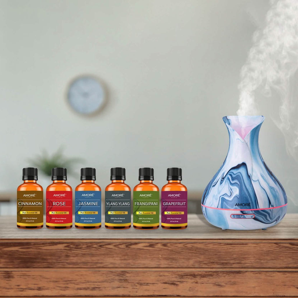 Ensemble de 7 pièces : Diffuseur d'aromathérapie ultrasonique à hydrodipping avec coffret cadeau d'huiles essentielles