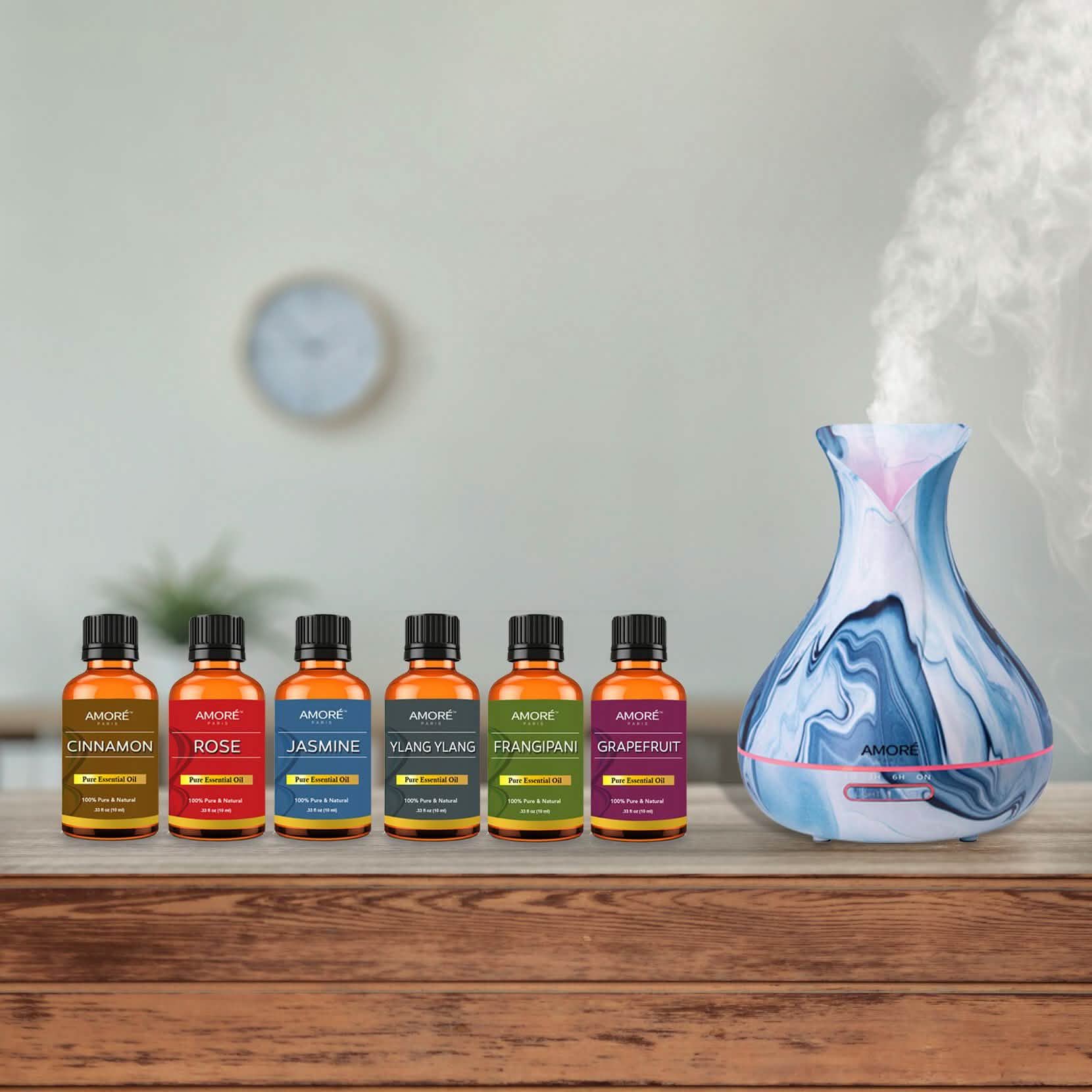 Ensemble de 7 pièces : Diffuseur d'aromathérapie ultrasonique à hydrodipping avec coffret cadeau d'huiles essentielles