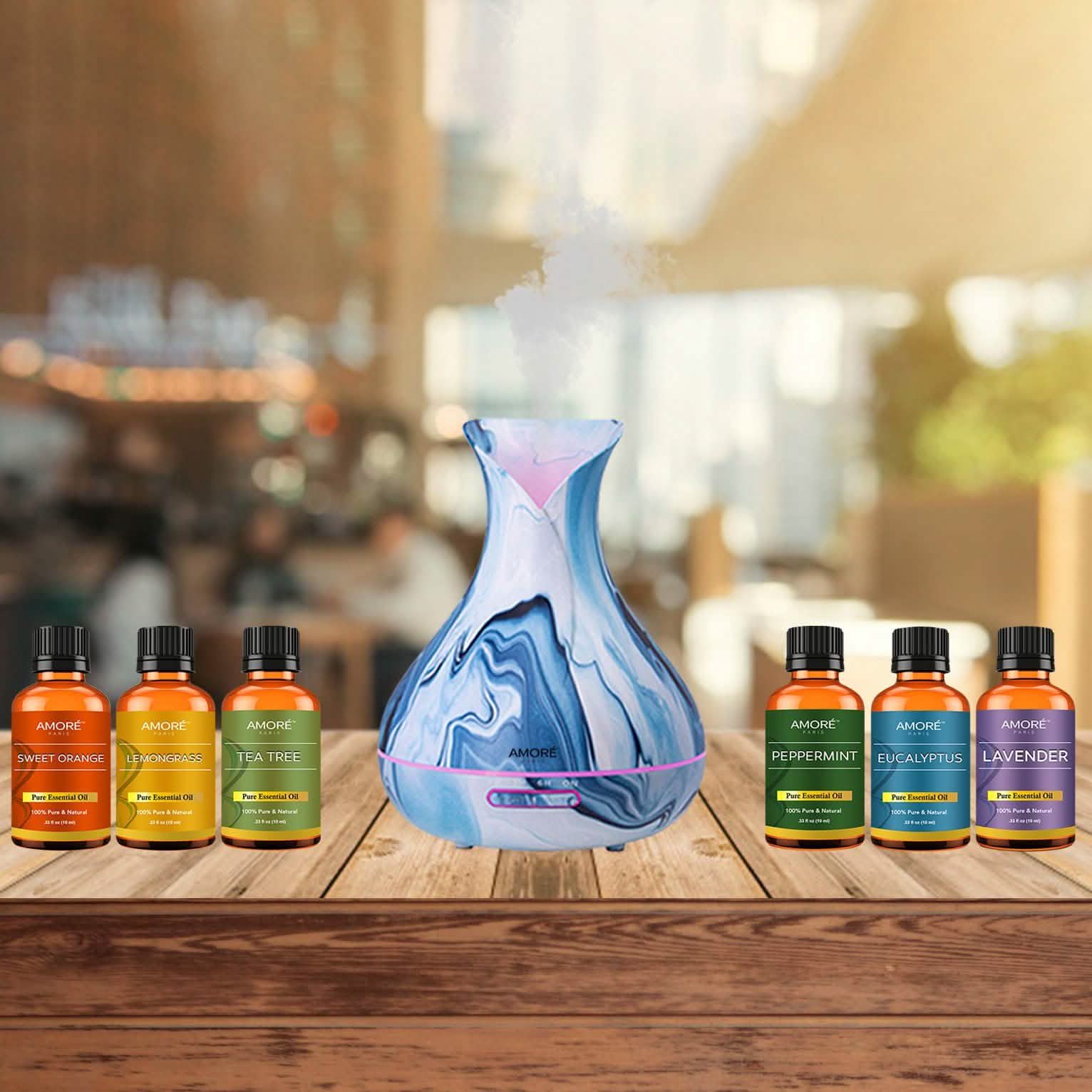 Ensemble de 7 pièces : Diffuseur d'aromathérapie ultrasonique à hydrodipping avec coffret cadeau d'huiles essentielles