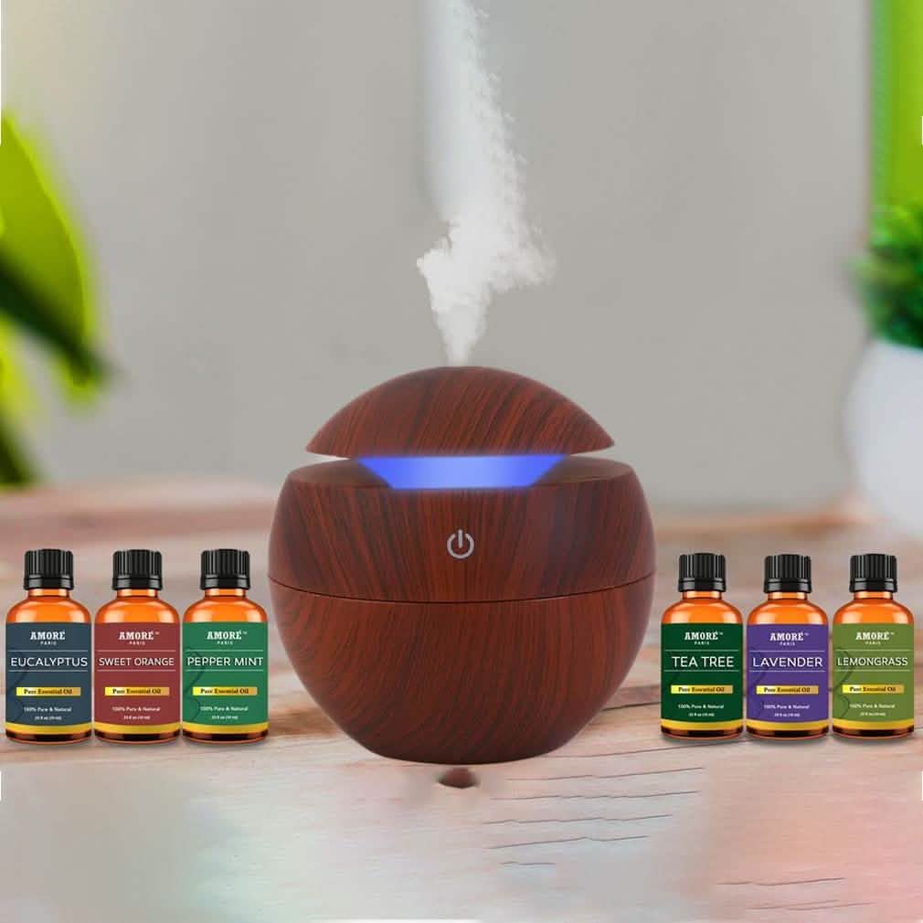 Ensemble de 7 pièces : Diffuseur d'arômes à ultrasons à brume fraîche, aspect bois, avec huiles essentielles