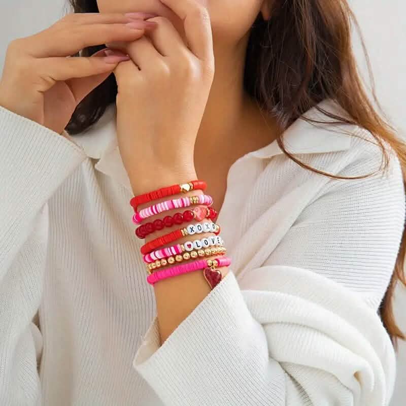 7 pièces : Bracelets avec pendentifs de cœurs d'amour mignons et tendance