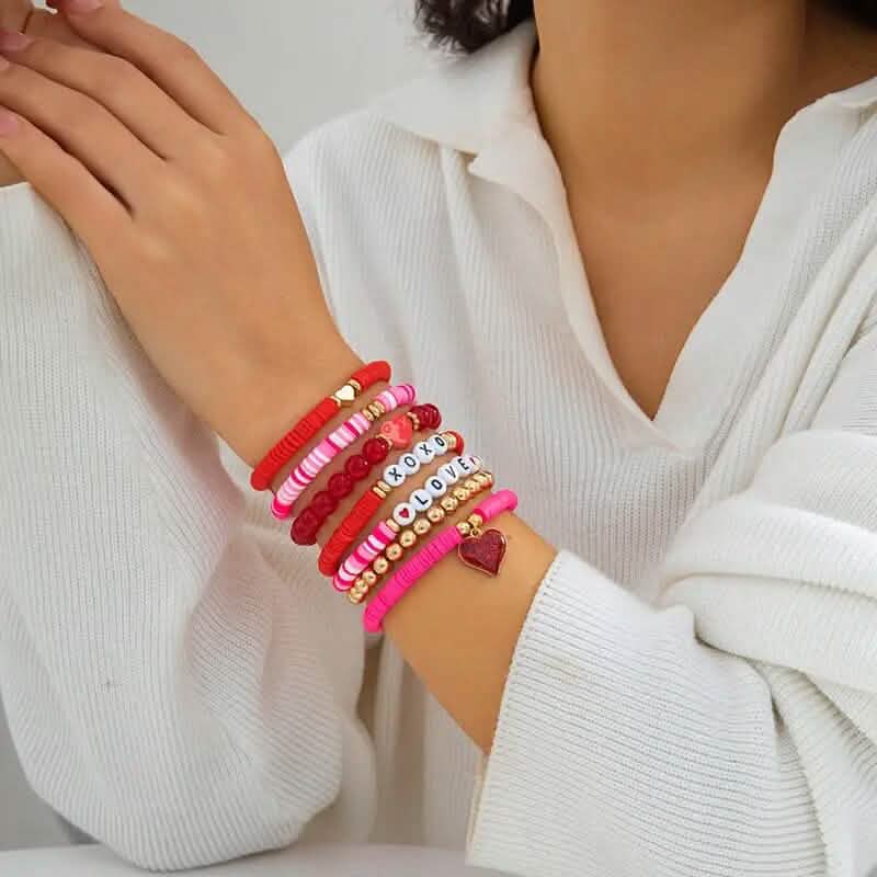 7 pièces : Bracelets avec pendentifs de cœurs d'amour mignons et tendance