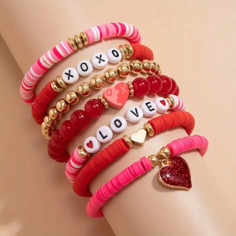 7 pièces : Bracelets avec pendentifs de cœurs d'amour mignons et tendance