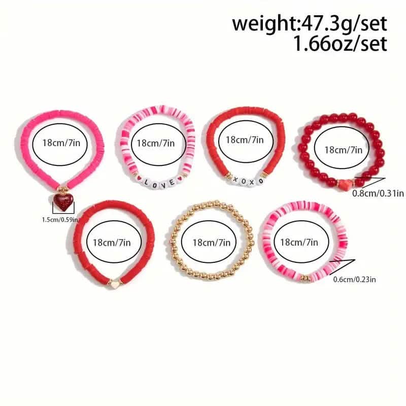 7 pièces : Bracelets avec pendentifs de cœurs d'amour mignons et tendance