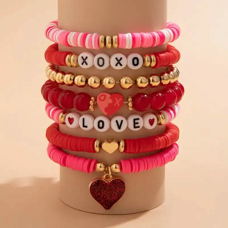7 pièces : Bracelets avec pendentifs de cœurs d'amour mignons et tendance