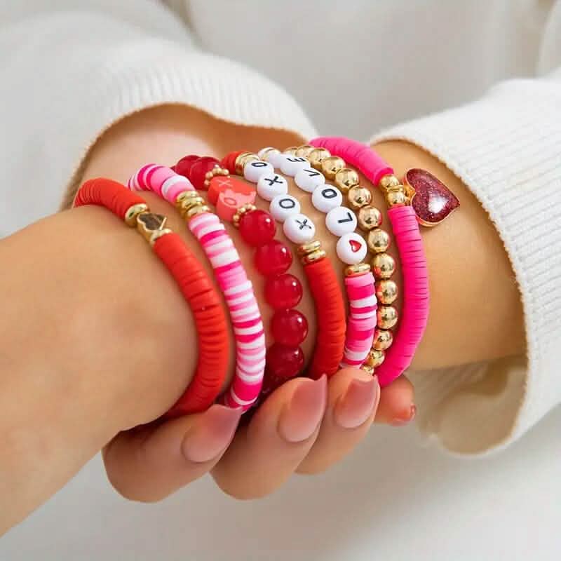 7 pièces : Bracelets avec pendentifs de cœurs d'amour mignons et tendance