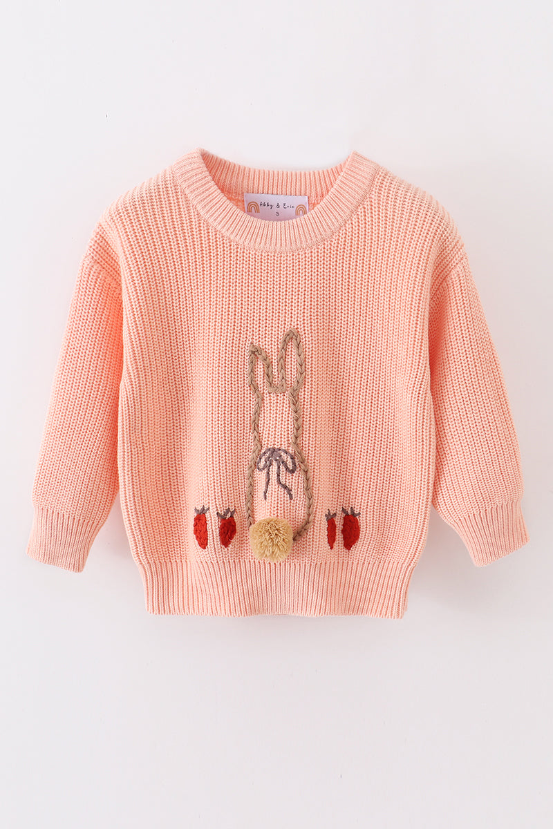 Pull en molleton lapin brodé main couleur corail