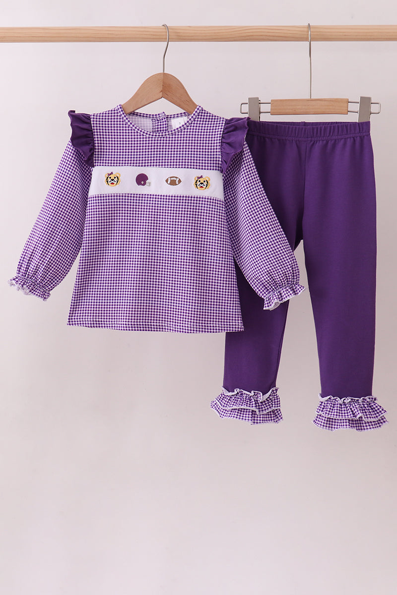 Ensemble pantalon à volants en vichy brodé tigre de la LSU violet premium