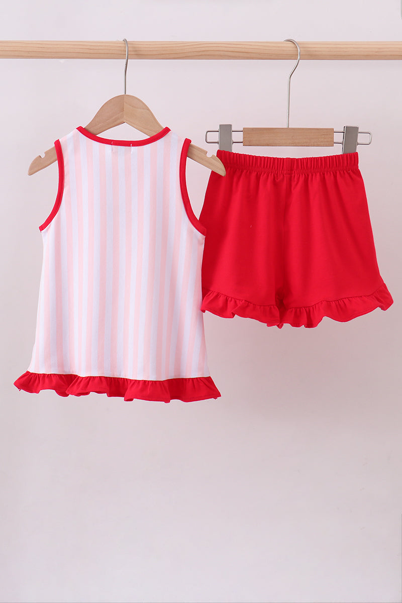Ensemble short à volants rose avec nœud et rayures de baseball