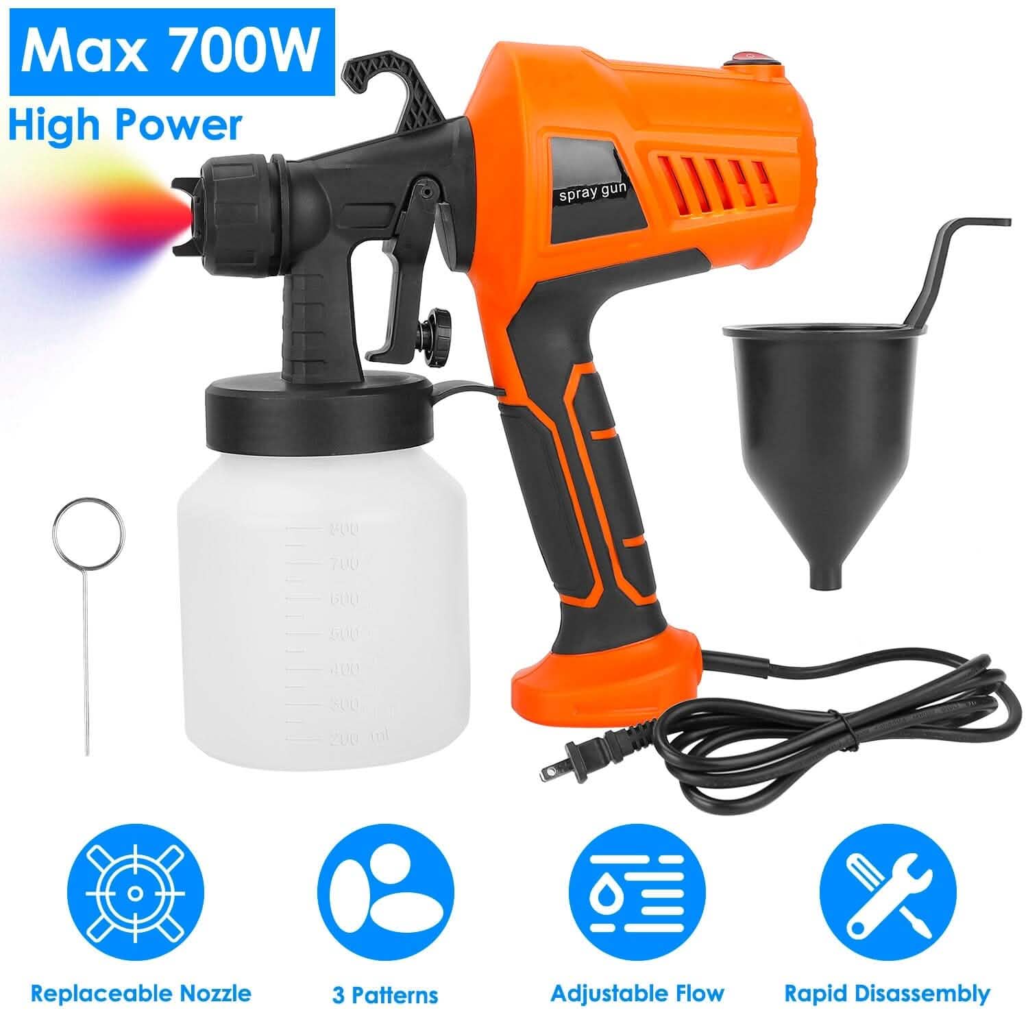 Pistolet à peinture électrique 700 W portable avec 3 modes de pulvérisation, 800 ml