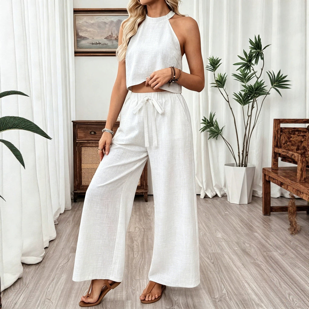 Ensemble deux pièces caraco court à col américain et pantalon large pour femme
