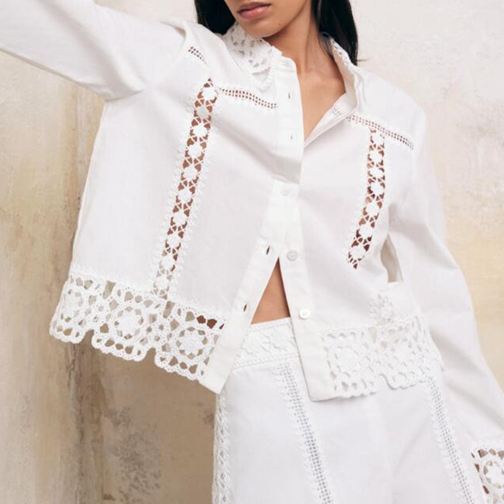 Manteau Femme Évidé Patchwork à Pompom – Veste à Col Revers Boutonnée à Manches Longues