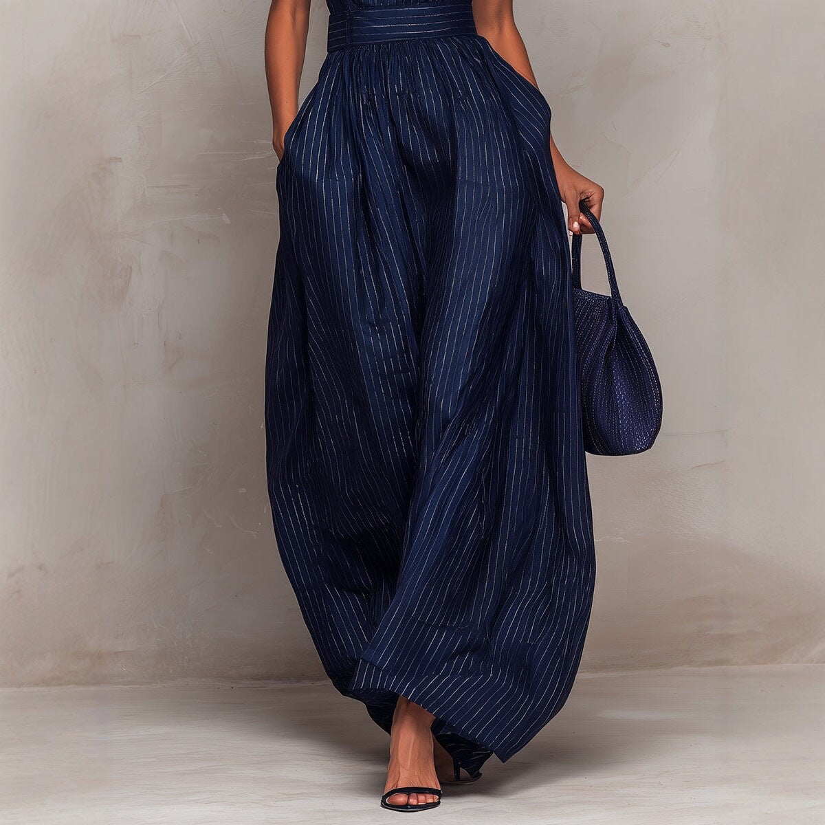 Combinaison-pantalon ample sans manches à rayures bleu marine pour femme — Taille haute, style français