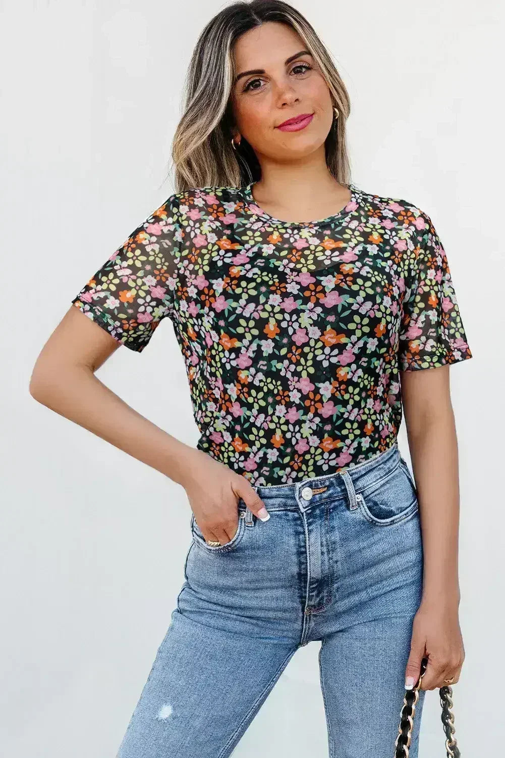 T-shirt noir transparent en maille à motif floral avec col rond et camisole