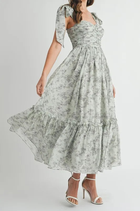 Robe midi froncée à imprimé floral et bretelles à nouer pour femme – Robe midi froncée pour l'été, Robe à imprimé floral, Robe à bretelles à nouer, Robe midi féminine, Robe chic pour événements