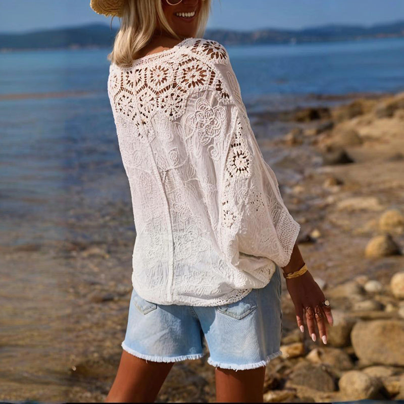 Cardigan col V en dentelle bohème