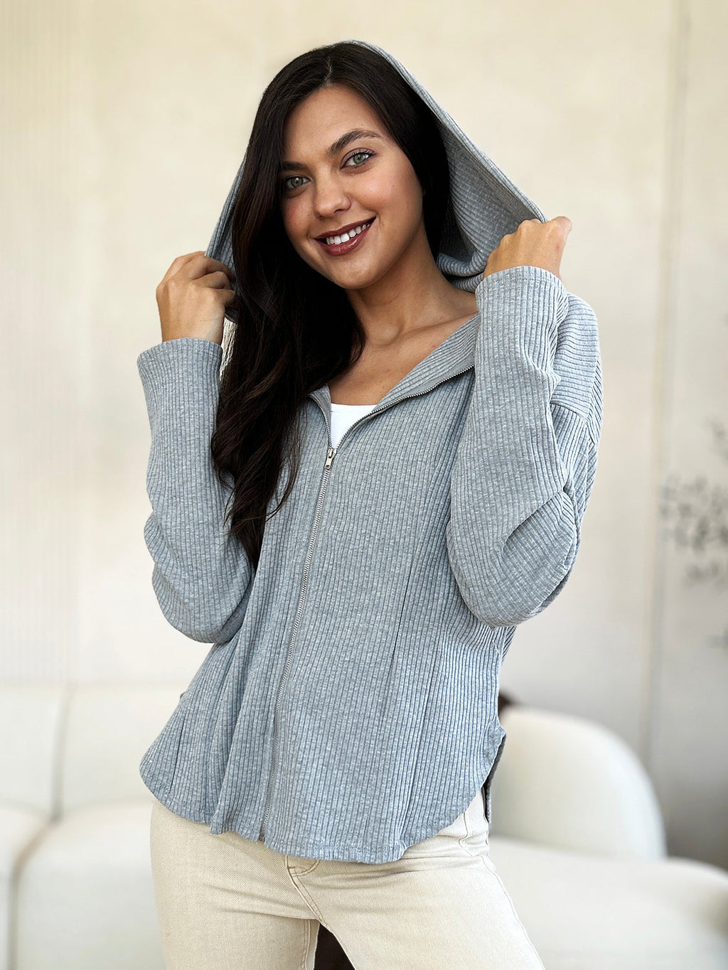 Veste à Capuche Zippée Côtelée avec Cordon de Serrage Culture Code pour Femme - Veste Tendance avec Capuche Réglable pour Femme