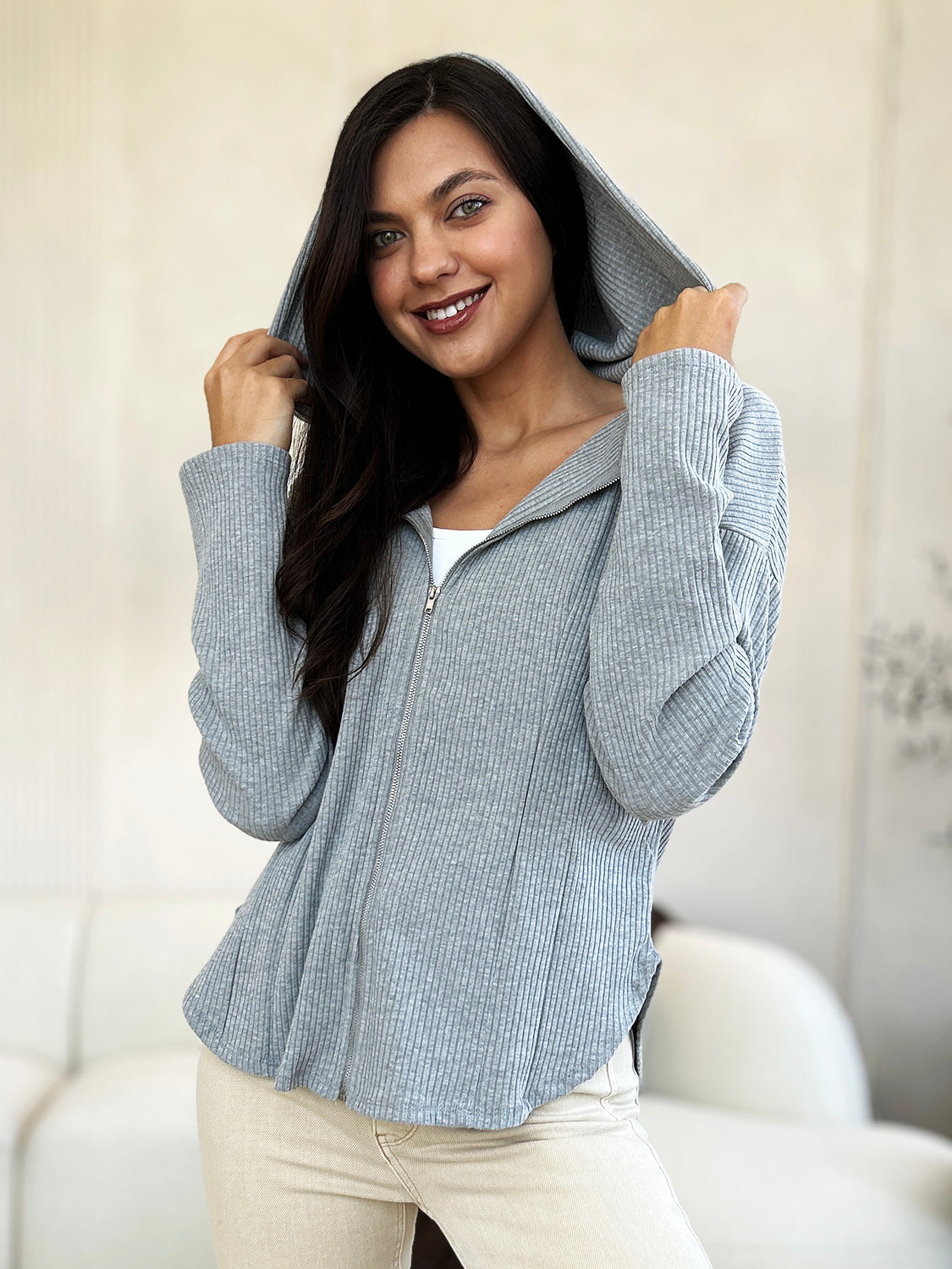 Veste à Capuche Zippée Côtelée avec Cordon de Serrage Culture Code pour Femme - Veste Tendance avec Capuche Réglable pour Femme