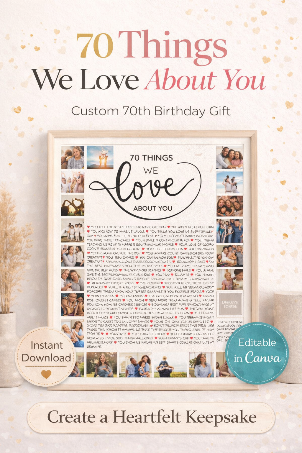 70 choses que nous aimons chez vous – Modèle Canva imprimable | Cadeau personnalisé pour un 70e anniversaire