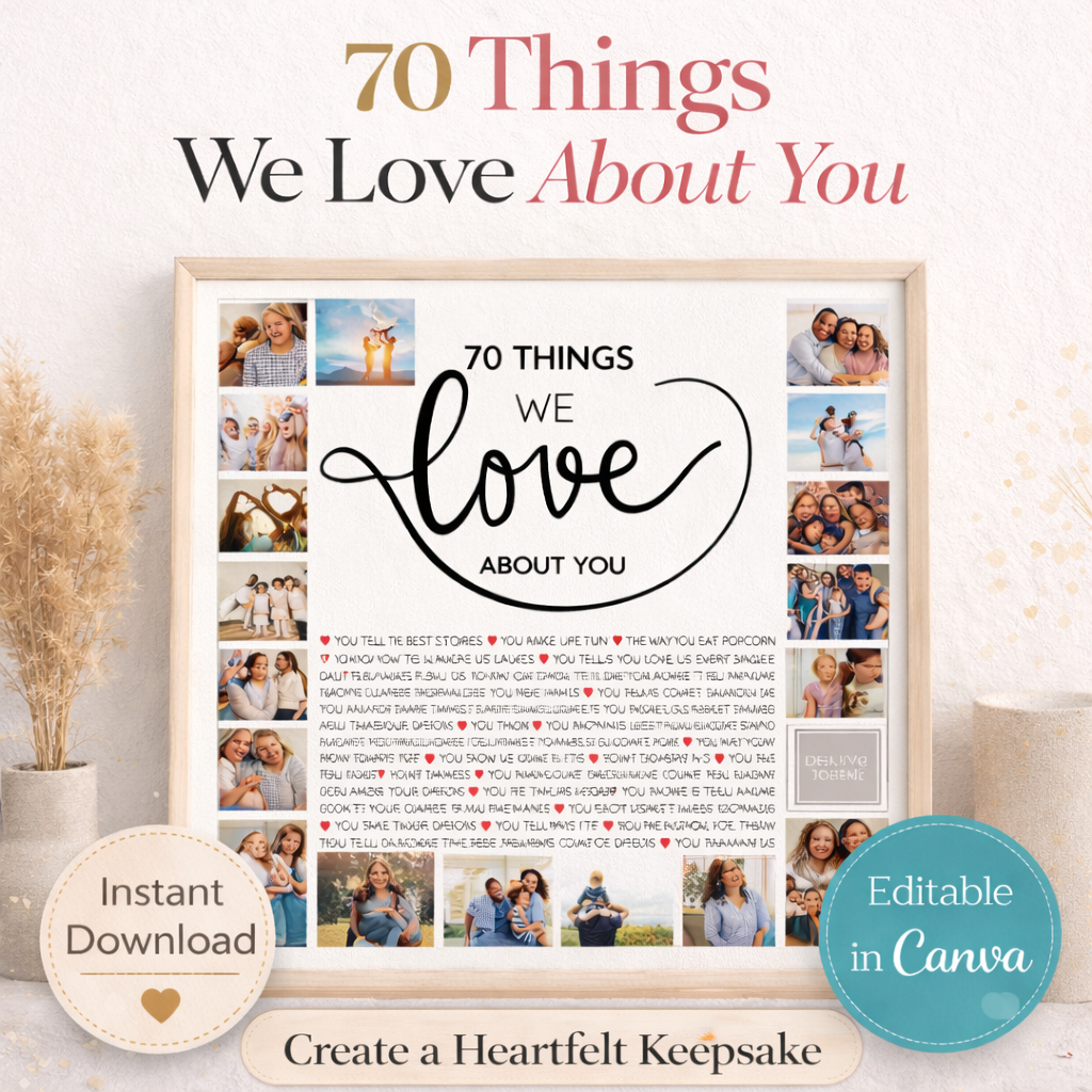 70 choses que nous aimons chez vous – Modèle Canva imprimable | Cadeau personnalisé pour un 70e anniversaire