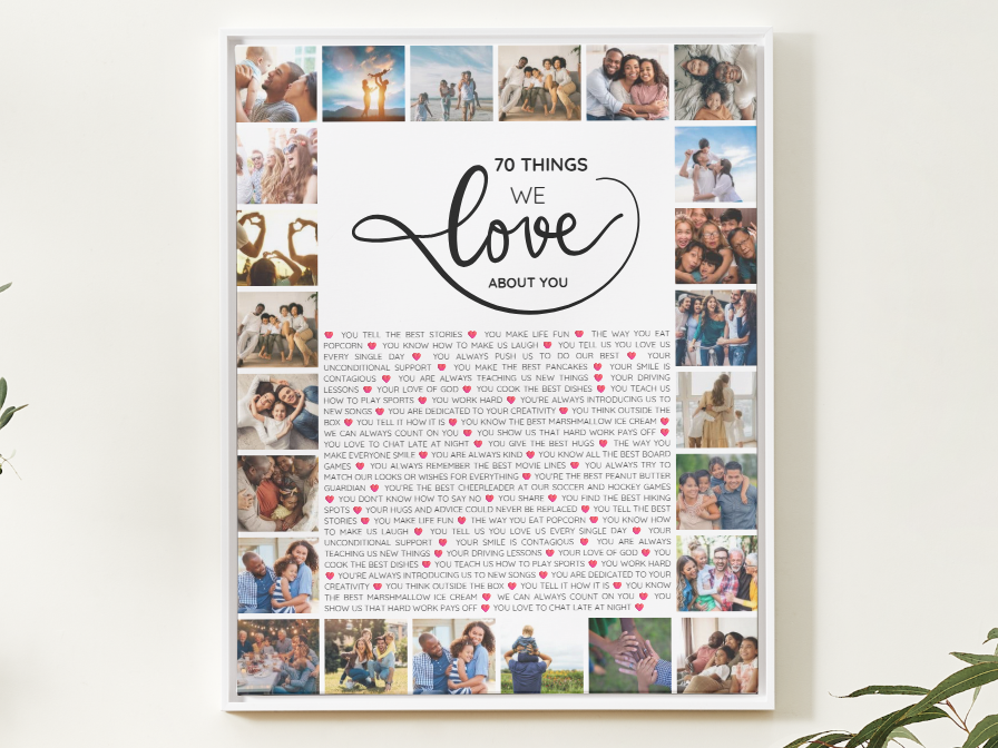70 choses que nous aimons chez vous – Modèle Canva imprimable | Cadeau personnalisé pour un 70e anniversaire